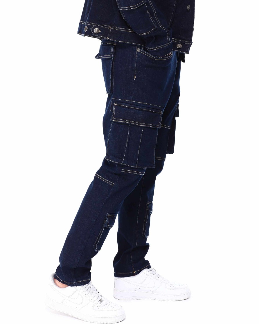 Men Rebel Cargo Pants | Raw Denim Slim Fit Cargo Jeans Indigo