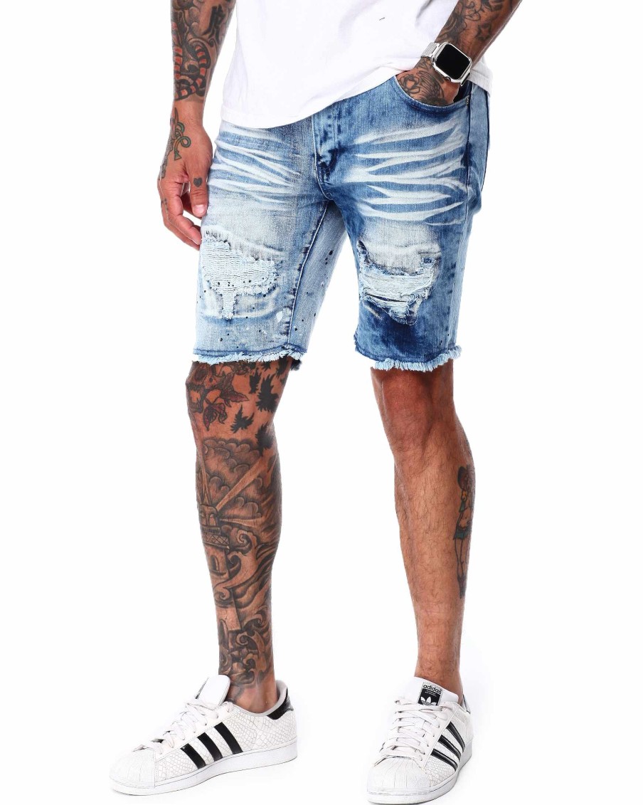 Men Rebel Shorts | Two Tone Rip & Repair Denim Short Dark Indigo