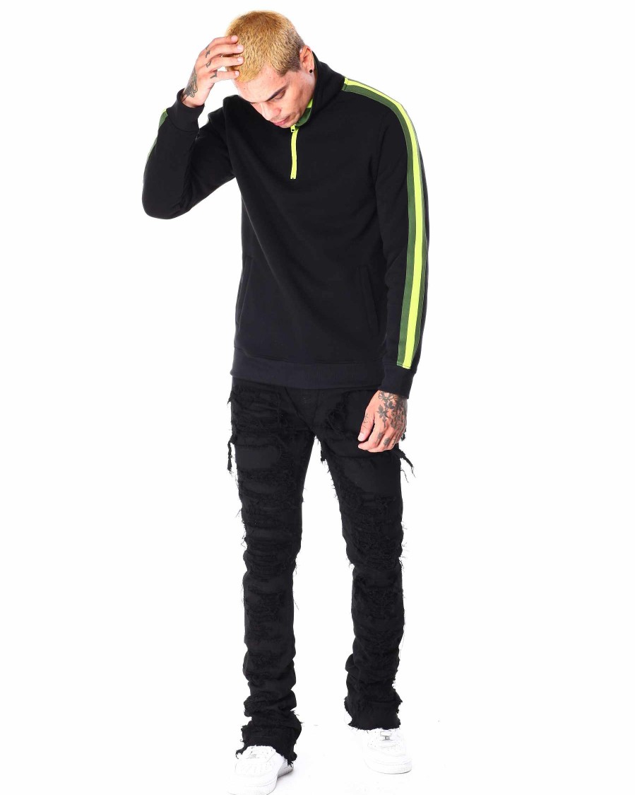 Men Rebel Minds Light Jackets | Side Tape Half Zip Fleece Mock Neck Black