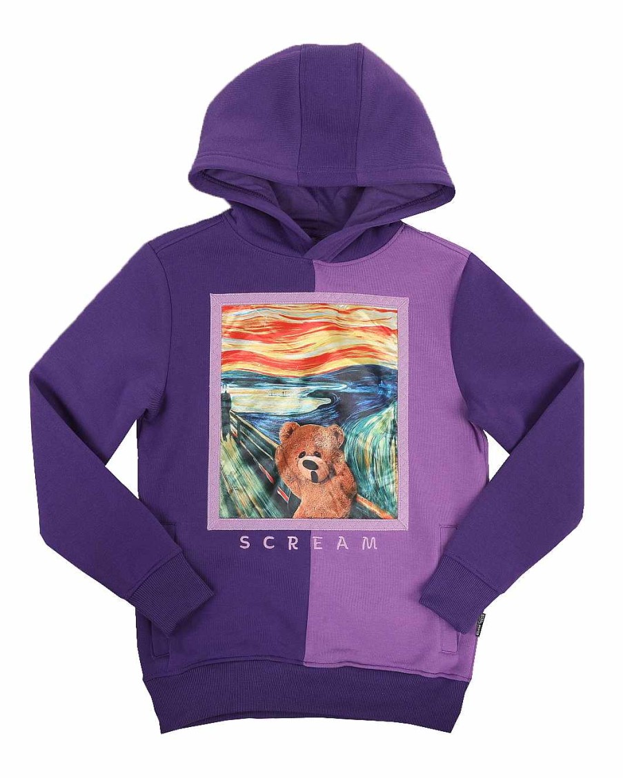 Boys Rebel Minds Hoodies | Teddy Bear Scream Applique Fleece Pullover Hoodie Purple