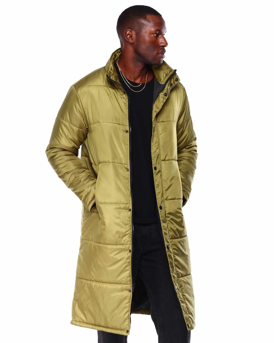 Men Reason Light Jackets | Longline Nylon Puffer Olive