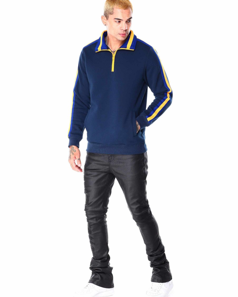 Men Rebel Minds Light Jackets | Side Tape Half Zip Fleece Mock Neck Navy