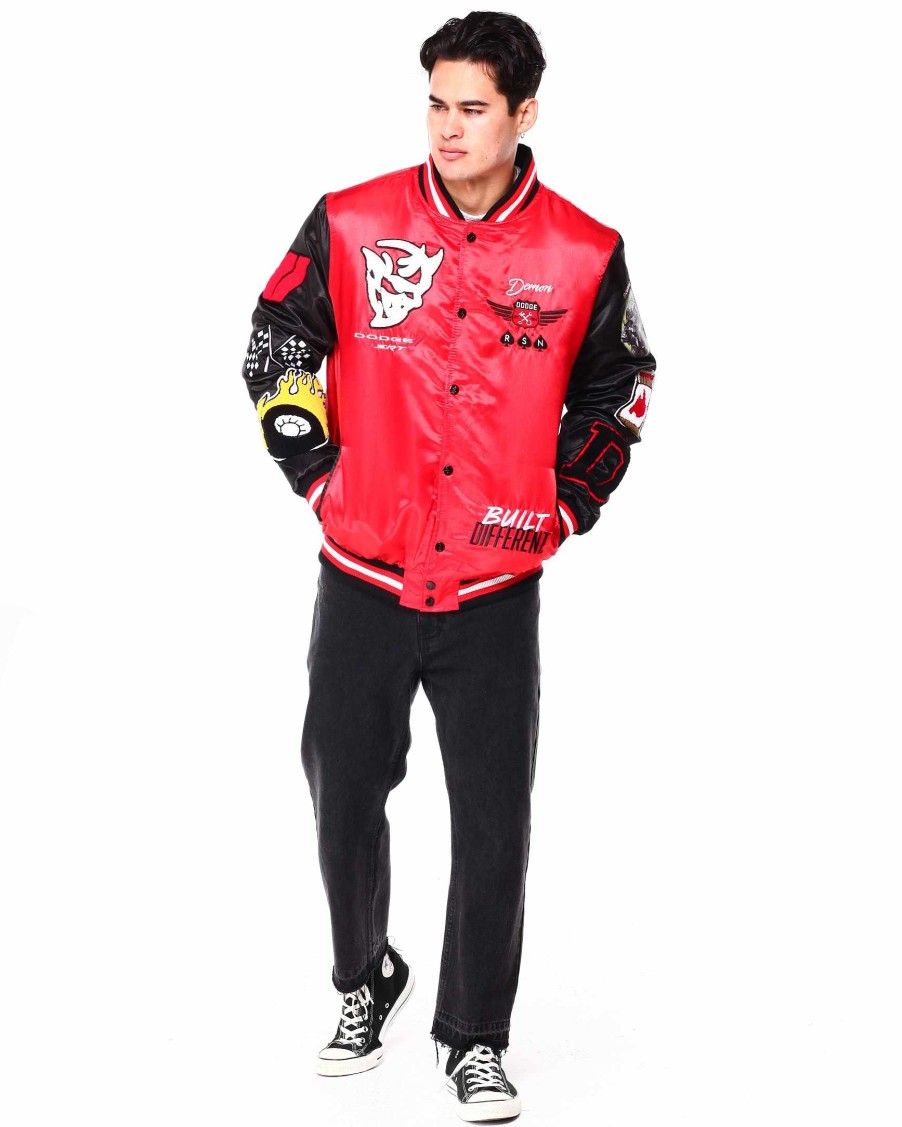 Men Reason Light Jackets | Dodge Demon Satin Bomber Jacket Black/Red