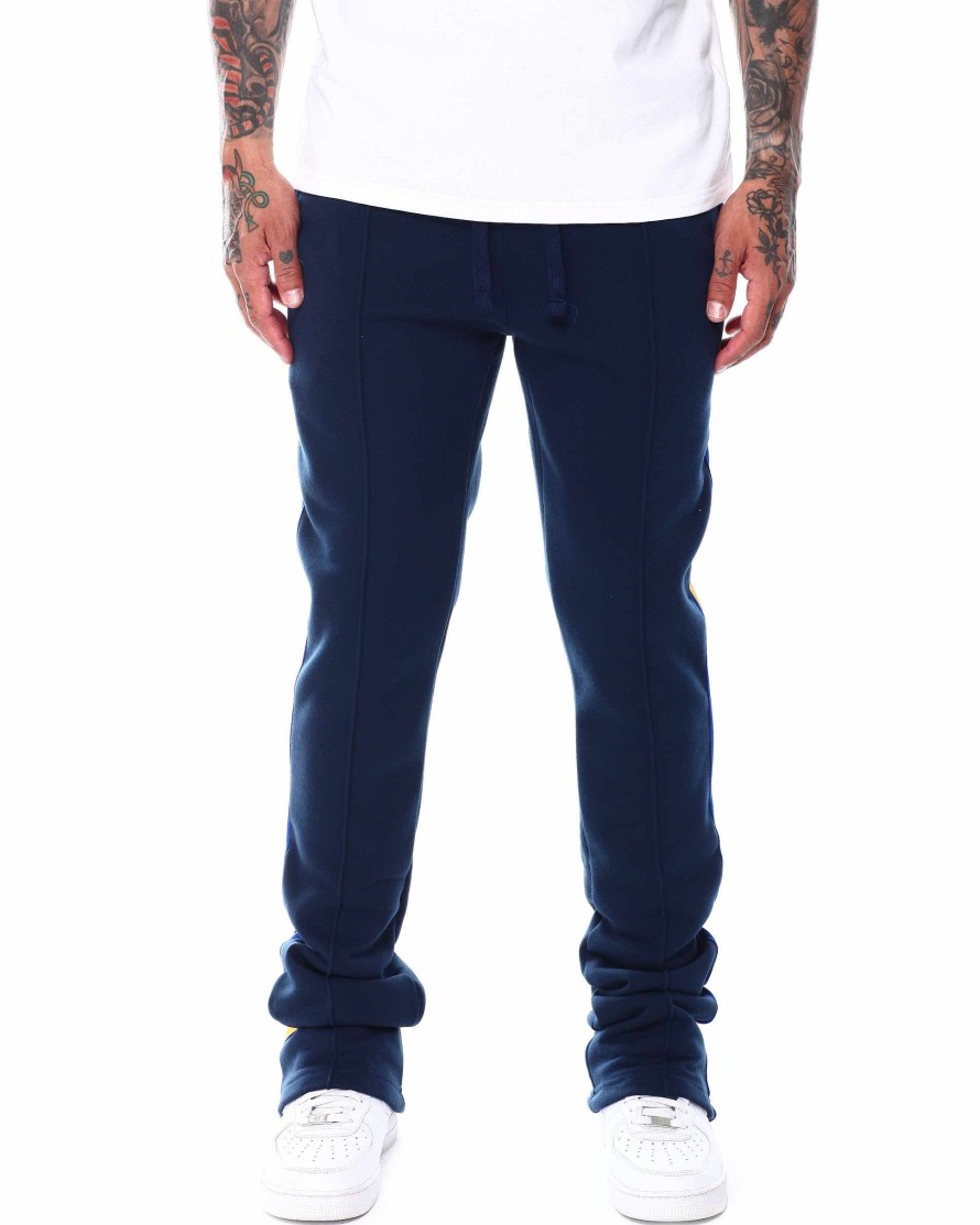 Men Rebel Minds Sweatpants | Side Tape Stacked Fit Fleece Pant Navy