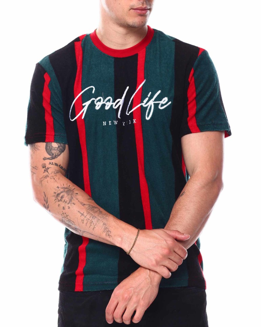 Men Rebel Minds Tees | Good Life Striped Towel Terry T-Shirt Dark Green