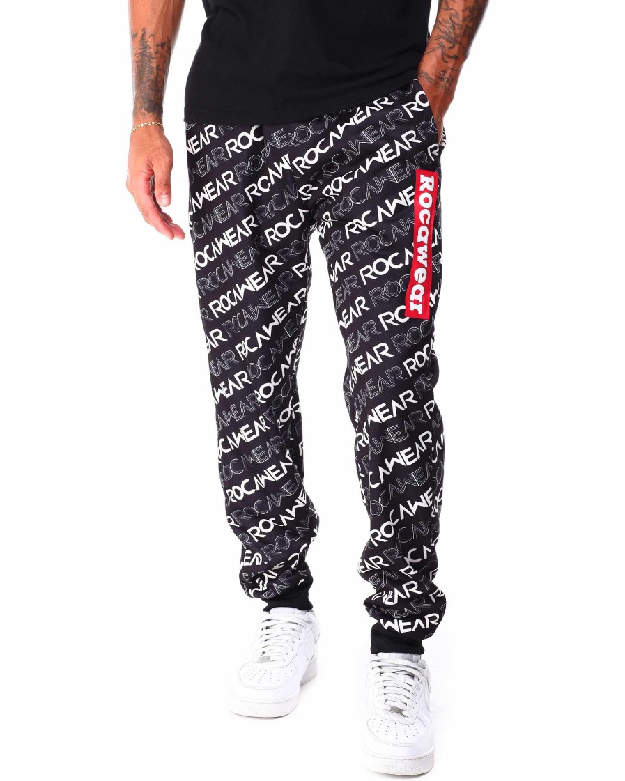 Men Rocawear Cargo Pants | All Over Print Jogger Pants Black