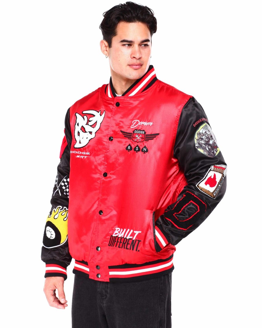 Men Reason Light Jackets | Dodge Demon Satin Bomber Jacket Black/Red