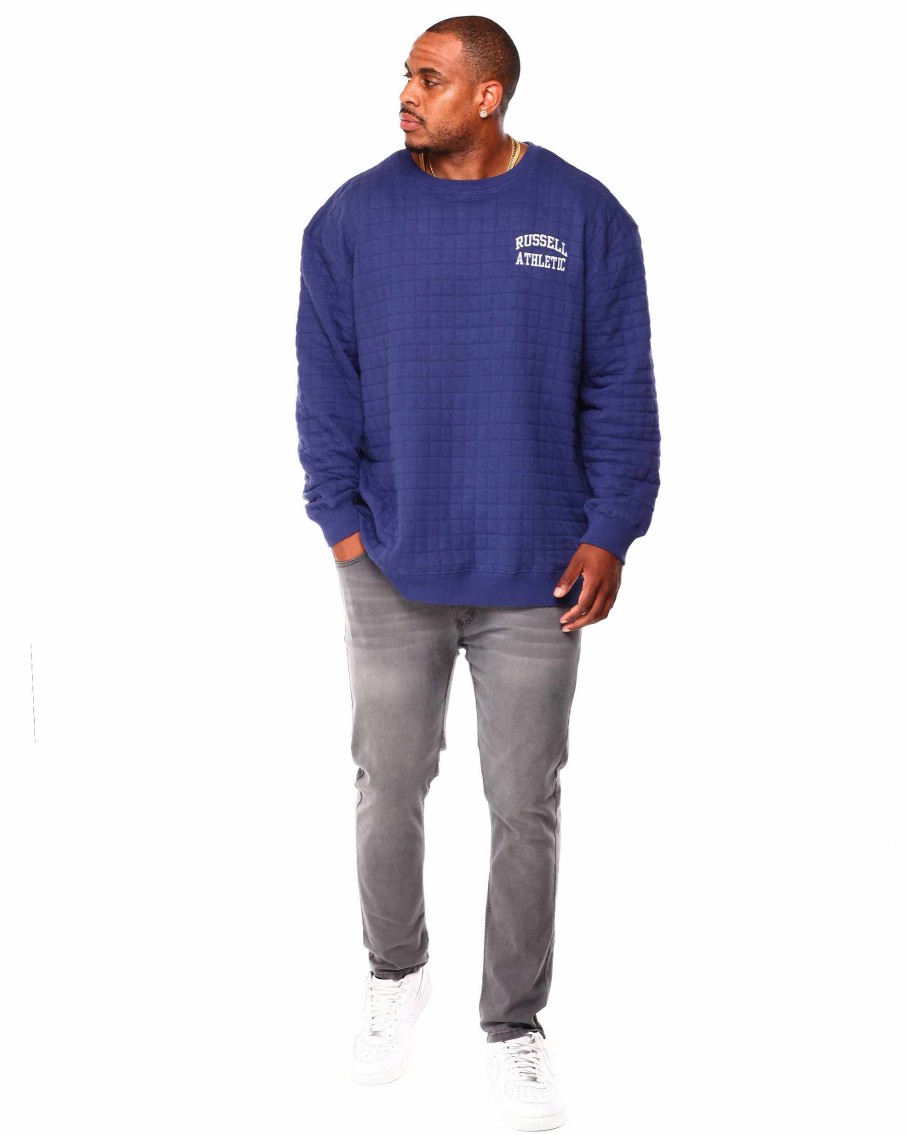 Big Tall Russell Athletics Sweatshirts | Quilted Crewneck With Embroidered Logo Blue