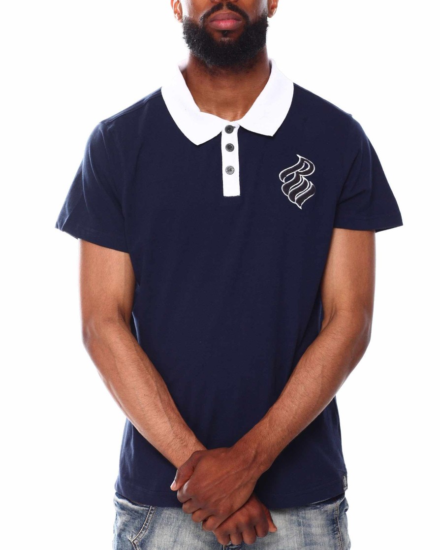 Men Rocawear Polos | S/S Contrast Chenille Patch Jersey Polo Navy