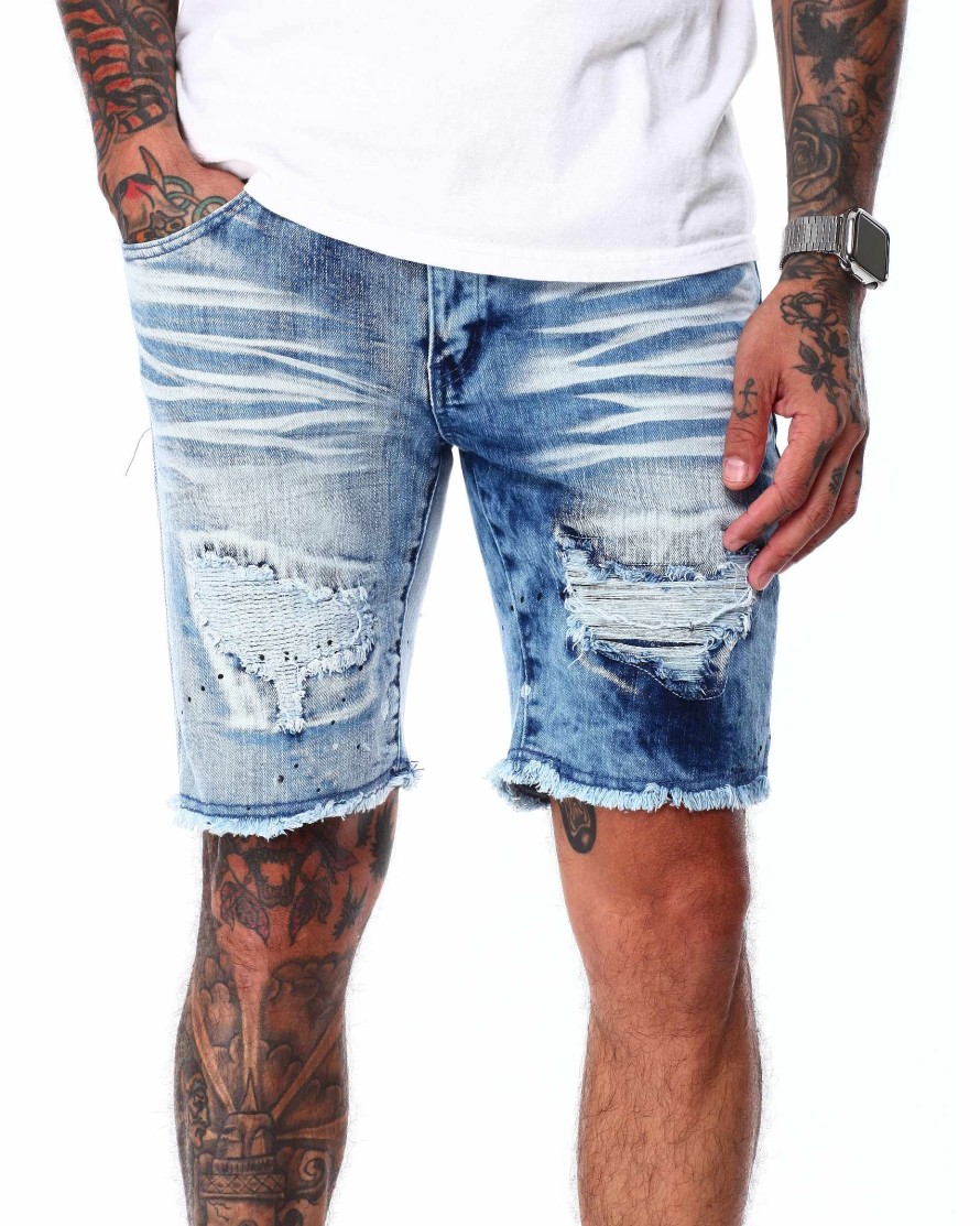 Men Rebel Shorts | Two Tone Rip & Repair Denim Short Dark Indigo