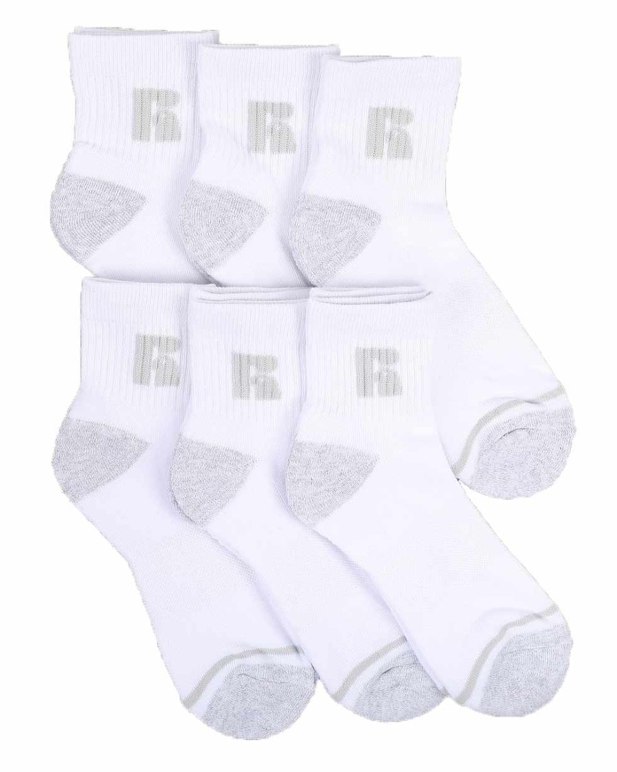 Men Russell Athletics Socks | 6Pk Jones Qtr Crew Socks White