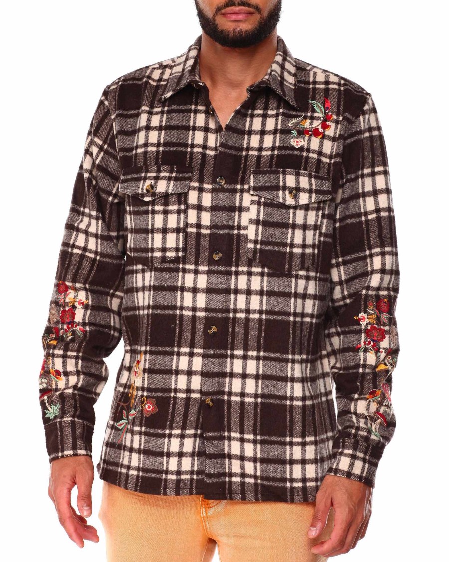 Men Reason Button Downs | Botanic Embroiderd Overshirt Brown