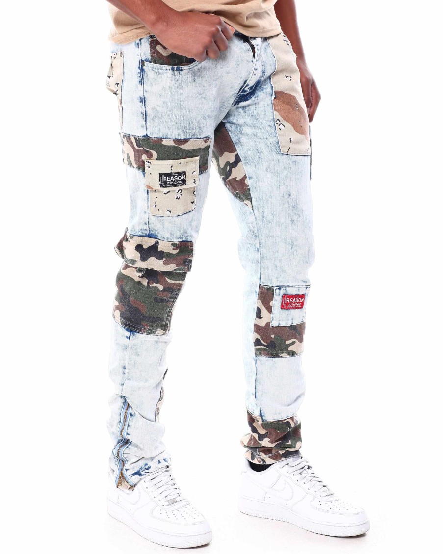 Men Reason Cargo Pants | Camo Patchwork Jeans Blue