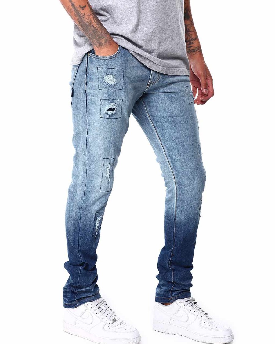 Men Rocawear Cargo Pants | Washed Rip & Repair Fashion Denim Pants Navy