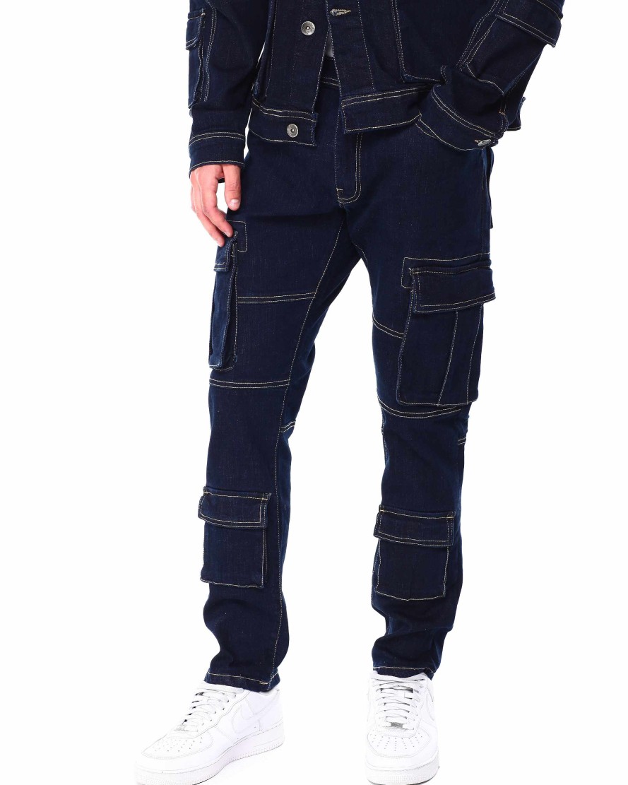 Men Rebel Cargo Pants | Raw Denim Slim Fit Cargo Jeans Indigo