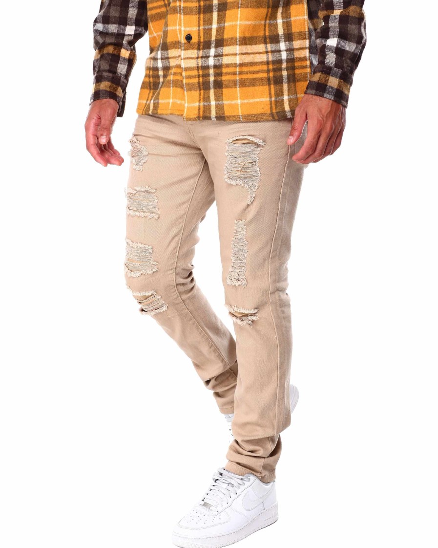 Men Rebel Minds Cargo Pants | Ripped Twill Pants Khaki