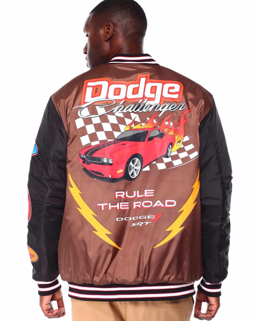 Men Reason Light Jackets | Dodge Born Wild Racing Nylon Bomber Jacket Brown