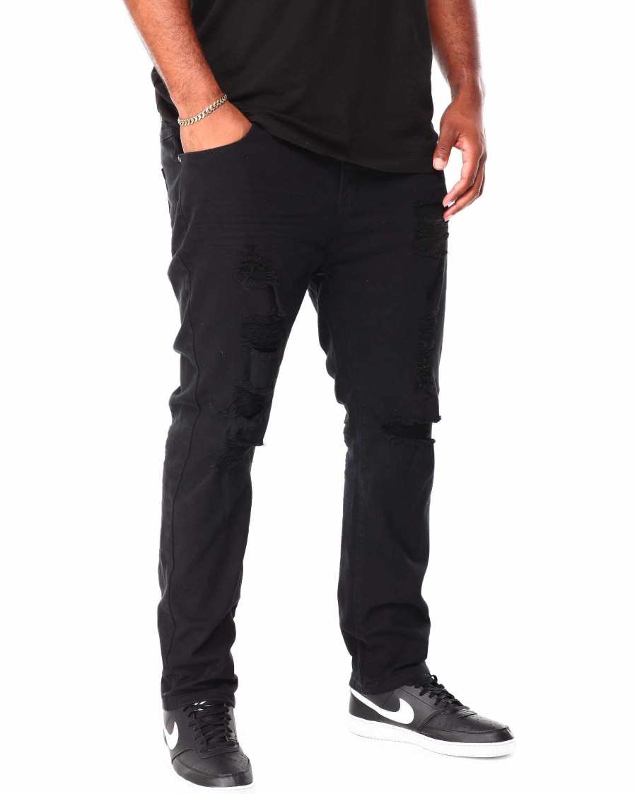 Men Rebel Minds Big & Tall | Ripped Slim Fit Color Twill Pants Black