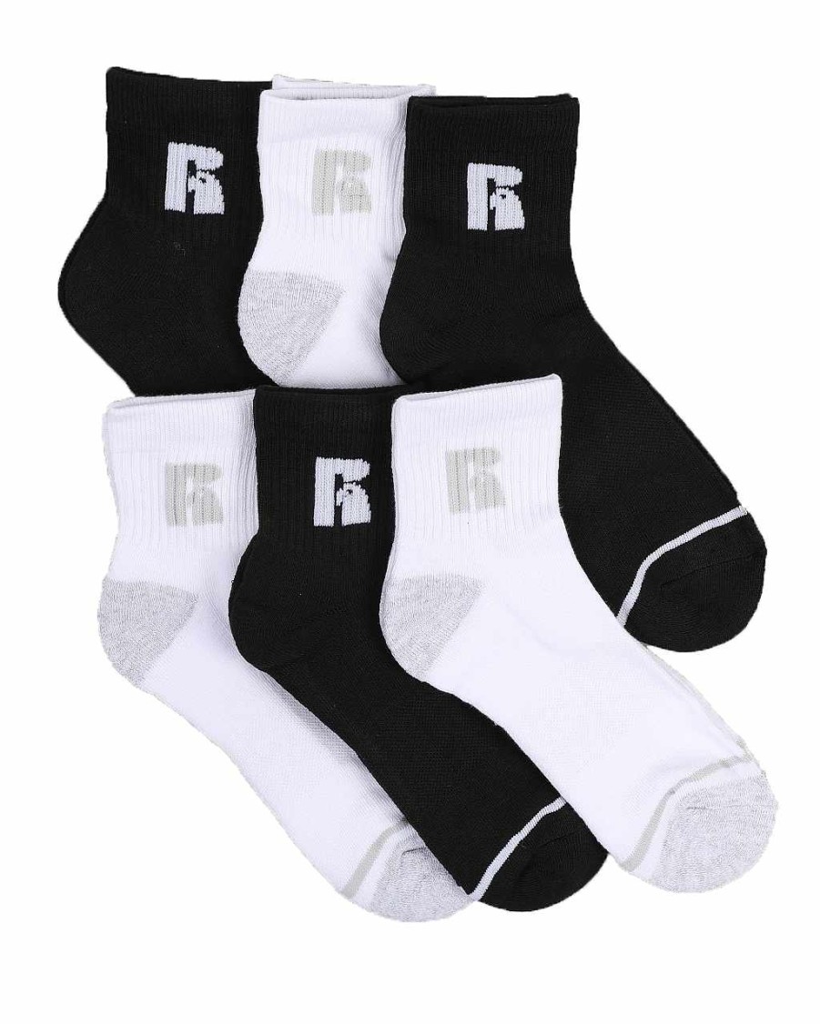 Men Russell Athletics Accessories | 6Pk Jones Qtr Crew Socks Black/White