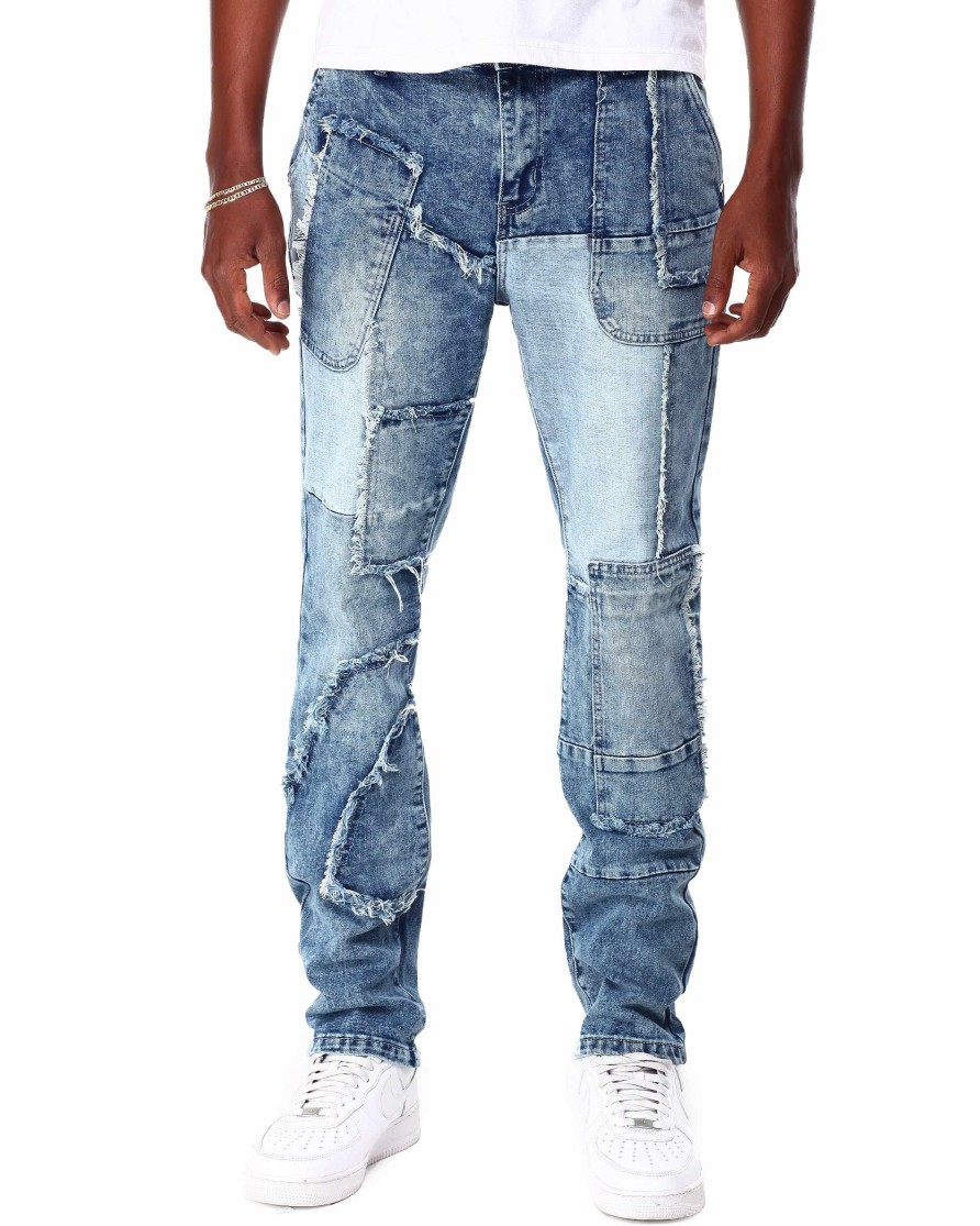 Men Reason Cargo Pants | Hughes Multi Patch Frayed Denim Jean Blue