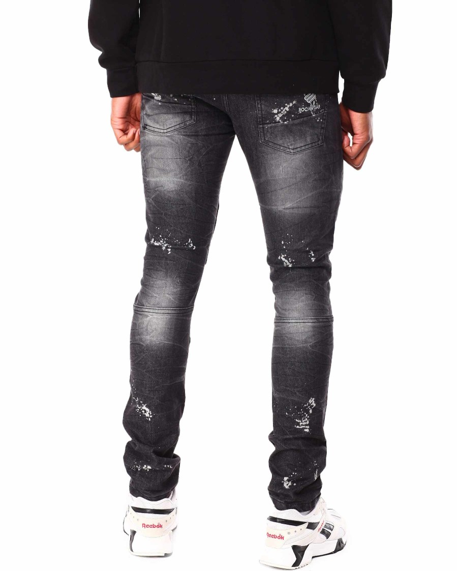 Men Rocawear Jeans | Rip & Repair Moto Cracked Wash Denim Jeans Black