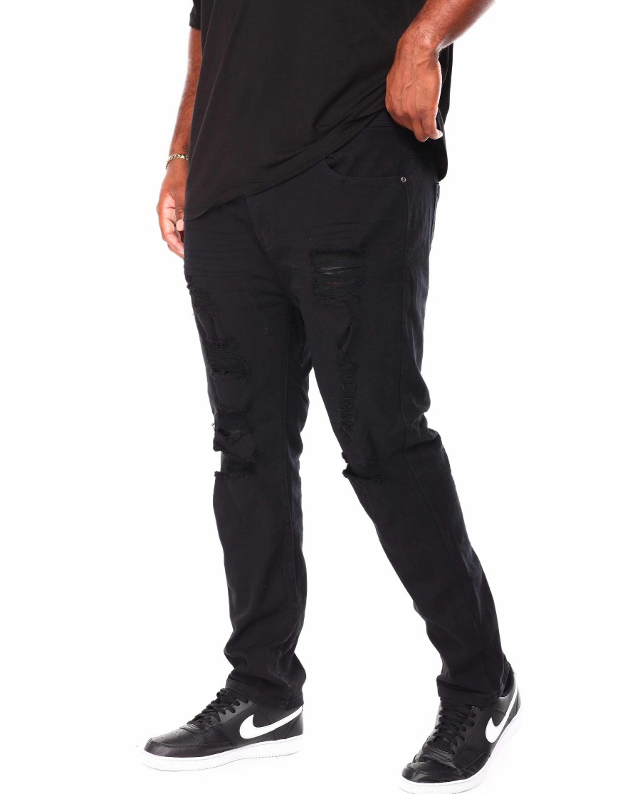 Men Rebel Minds Big & Tall | Ripped Slim Fit Color Twill Pants Black