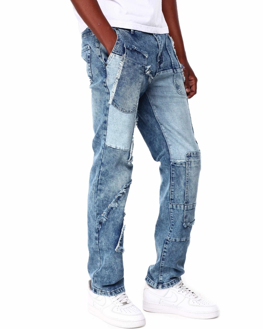 Men Reason Jeans | Hughes Multi Patch Frayed Denim Jean Blue