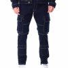 Men Rebel Jeans | Raw Denim Slim Fit Cargo Jeans Indigo