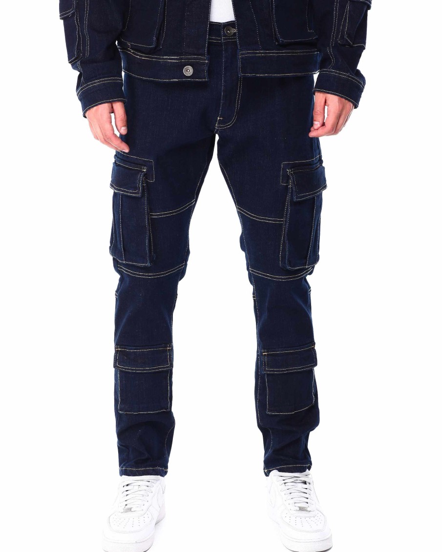 Men Rebel Jeans | Raw Denim Slim Fit Cargo Jeans Indigo