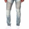 Men Rocawear Jeans | Rip & Repair Washed Cut & Sew Moto Denim Jeans Light Blue