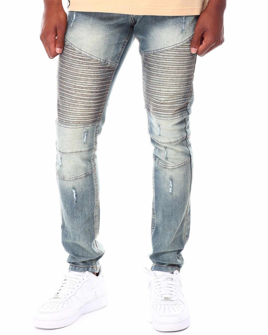 Men Rocawear Jeans | Rip & Repair Washed Cut & Sew Moto Denim Jeans Light Blue