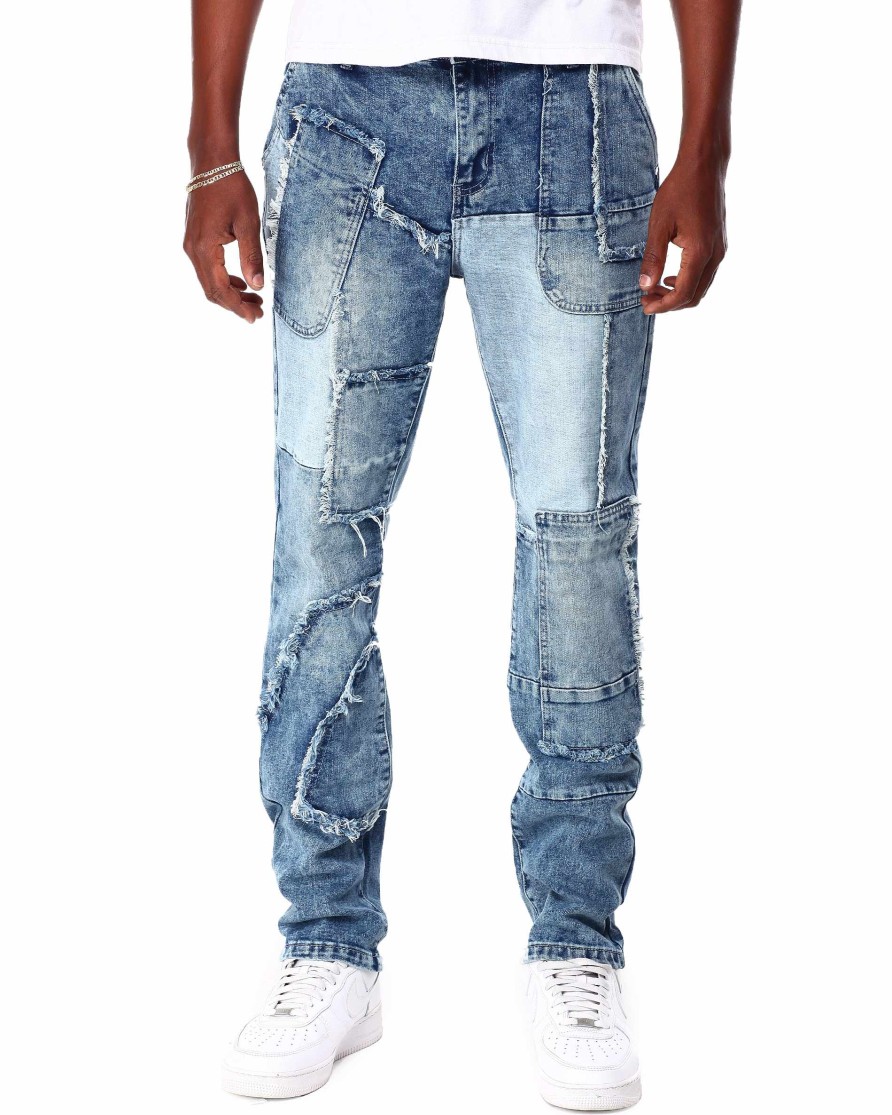 Men Reason Jeans | Hughes Multi Patch Frayed Denim Jean Blue