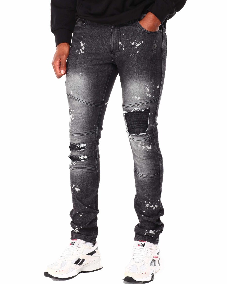 Men Rocawear Jeans | Rip & Repair Moto Cracked Wash Denim Jeans Black