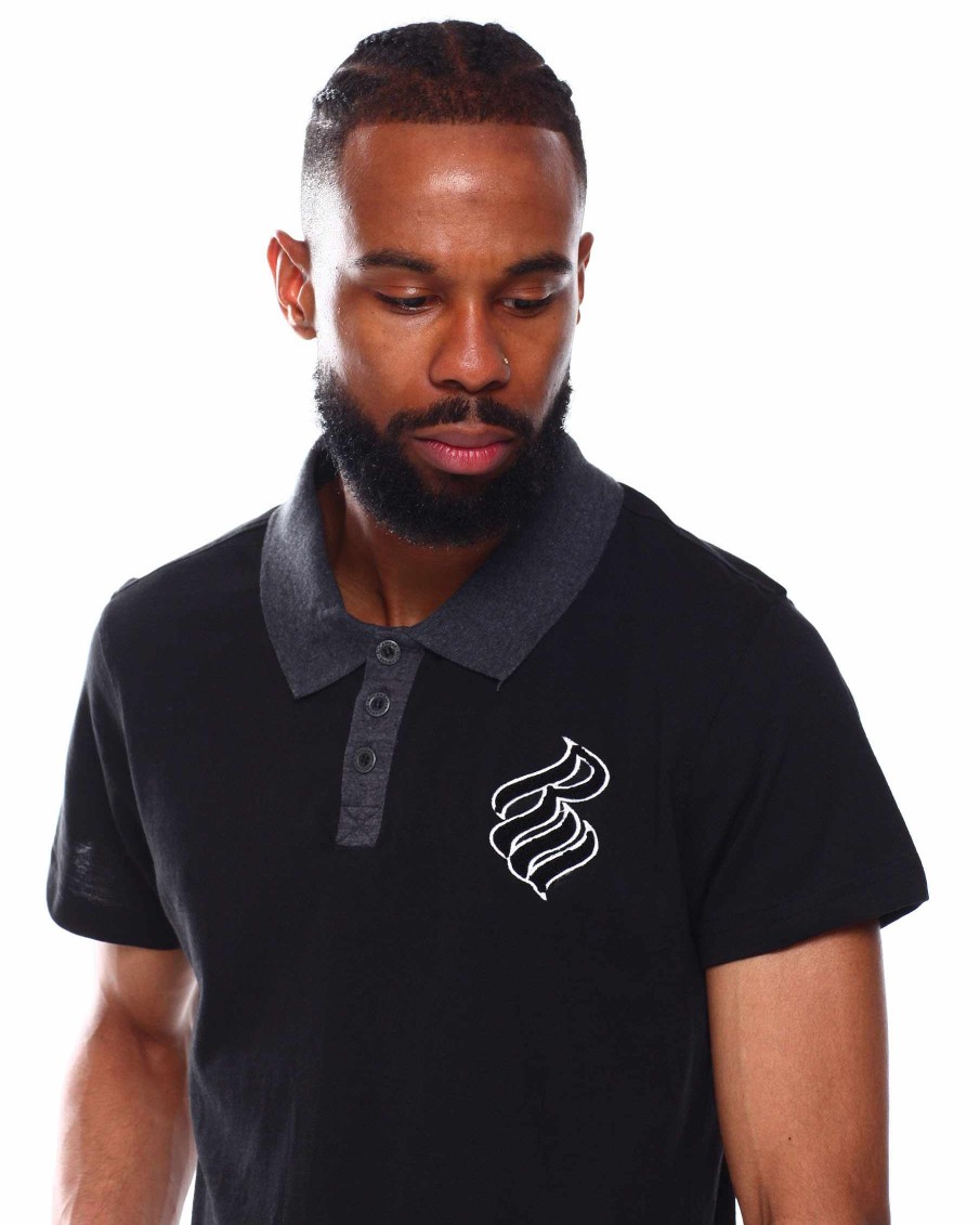 Men Rocawear Polos | S/S Contrast Chenille Patch Jersey Polo Black