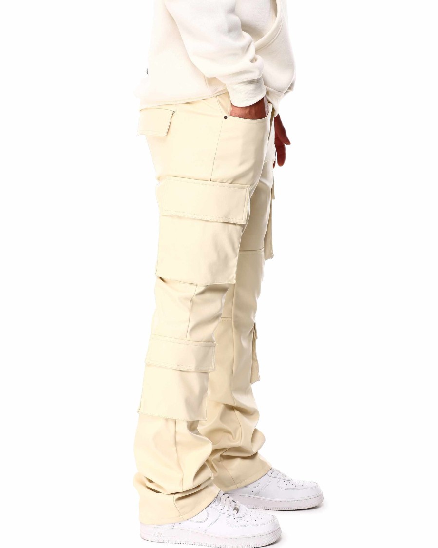 Men Rebel Cargo Pants | Faux Leather Stacked Fit Cargo Pants Cream