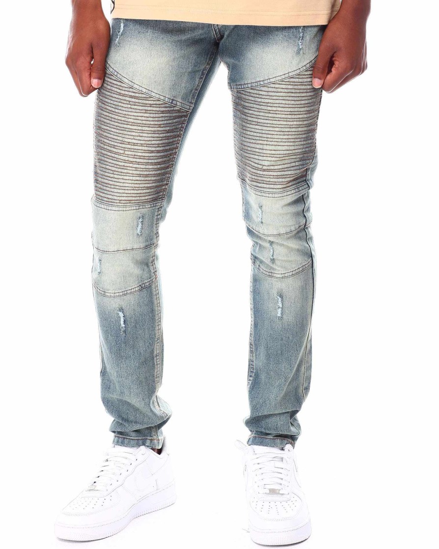 Men Rocawear Cargo Pants | Rip & Repair Washed Cut & Sew Moto Denim Jeans Light Blue