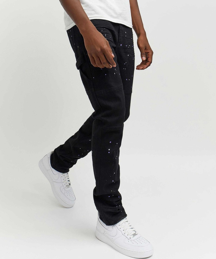 Men Reason Cargo Pants | Paint Splatter Denim Jeans Black