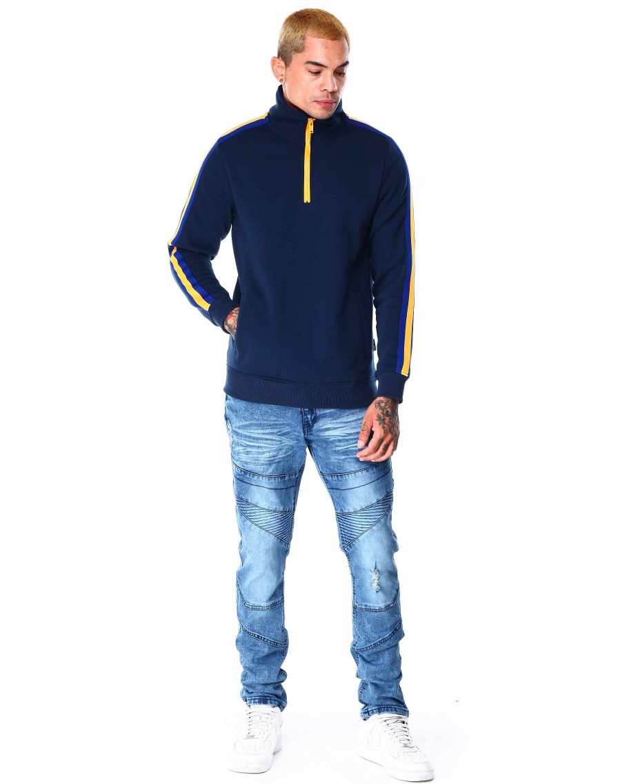 Men Rebel Minds Light Jackets | Side Tape Half Zip Fleece Mock Neck Navy